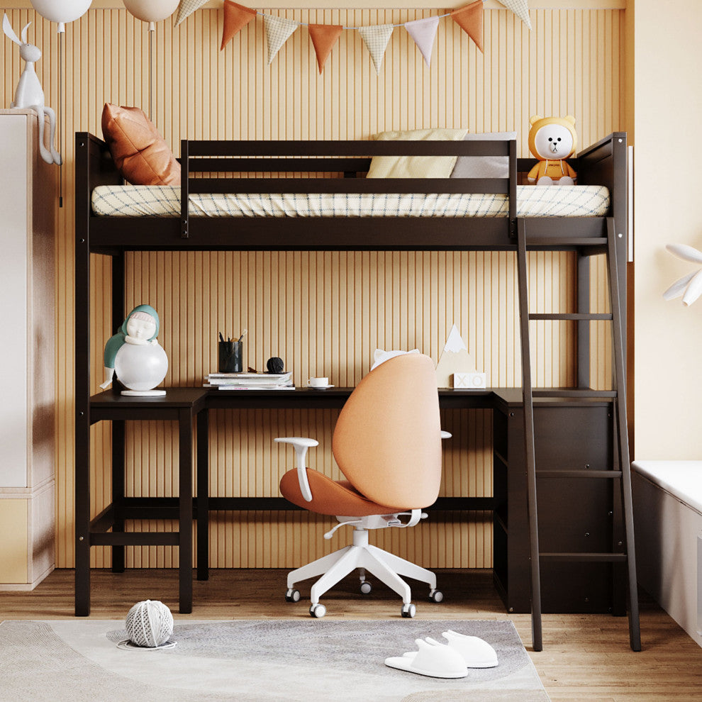 Gewnee Twin size Wood Loft Bed with Shelves and Desk in Espresso