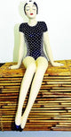 Retro Bathing Beauty Shelf Sitter Statue, Swimsuit Figure Navy Blue White Dot