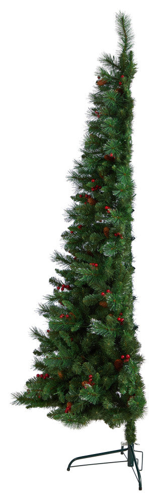 7' Flat Back Montreal Mountain Pine Faux Xmas Tree W/ Pinecones, Berries, Lights