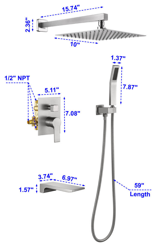 Wellfor Rain Shower Faucet, 10" Waterfall Shower Head With Handheld Combo Set, Brushed Nickel