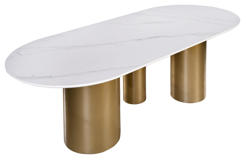 Balmain Stone Top Oval Dining Table for 6, Gold and White