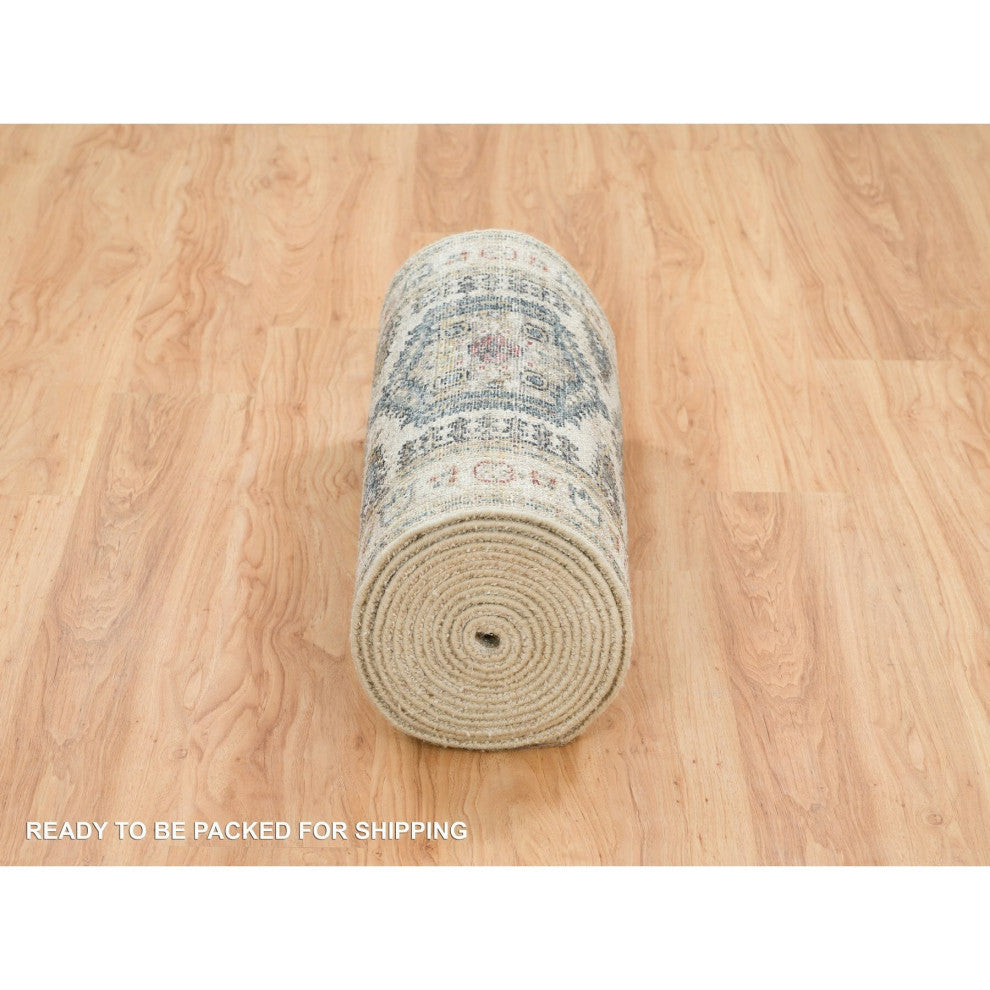 Ivory Wool Hand Knotted Reimagined Viss XL Runner Oriental Rug  2'7"x21'7"