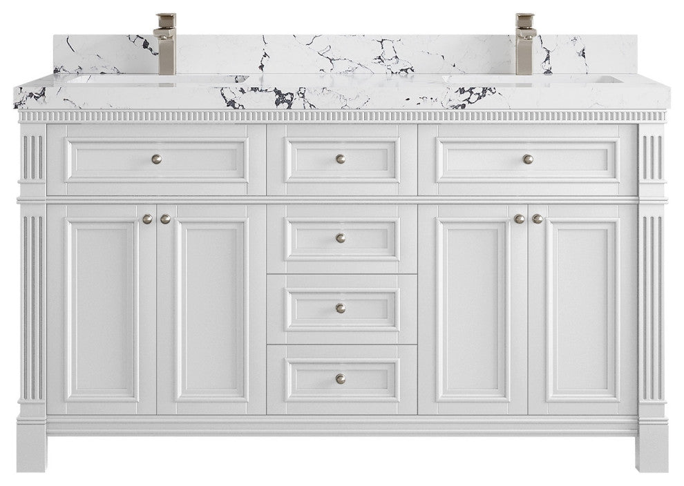 Paris 60" Double Sink Bathroom Vanity, White 2" Viola Night