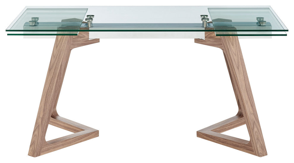 Donar Extension Table in Clear Tempered Glass Top and American Walnut Wood Base