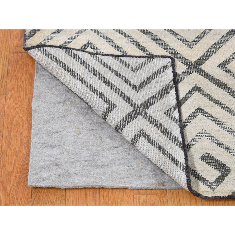 Ivory Roman Key Squares Design Hand Knotted Pure Silk With Wool Rug, 9'0"x12'0"