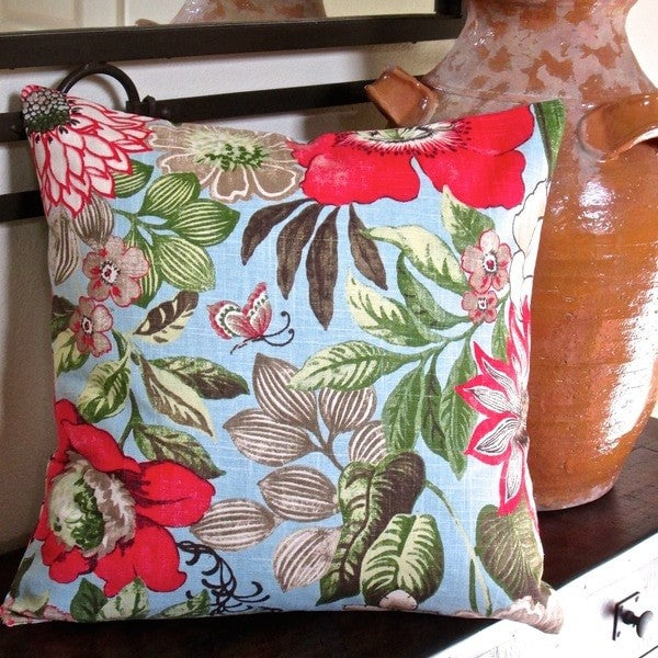 Indoor Butterfly Garden Flowers In Blue Cottage Floral 20x20 Throw Pillow