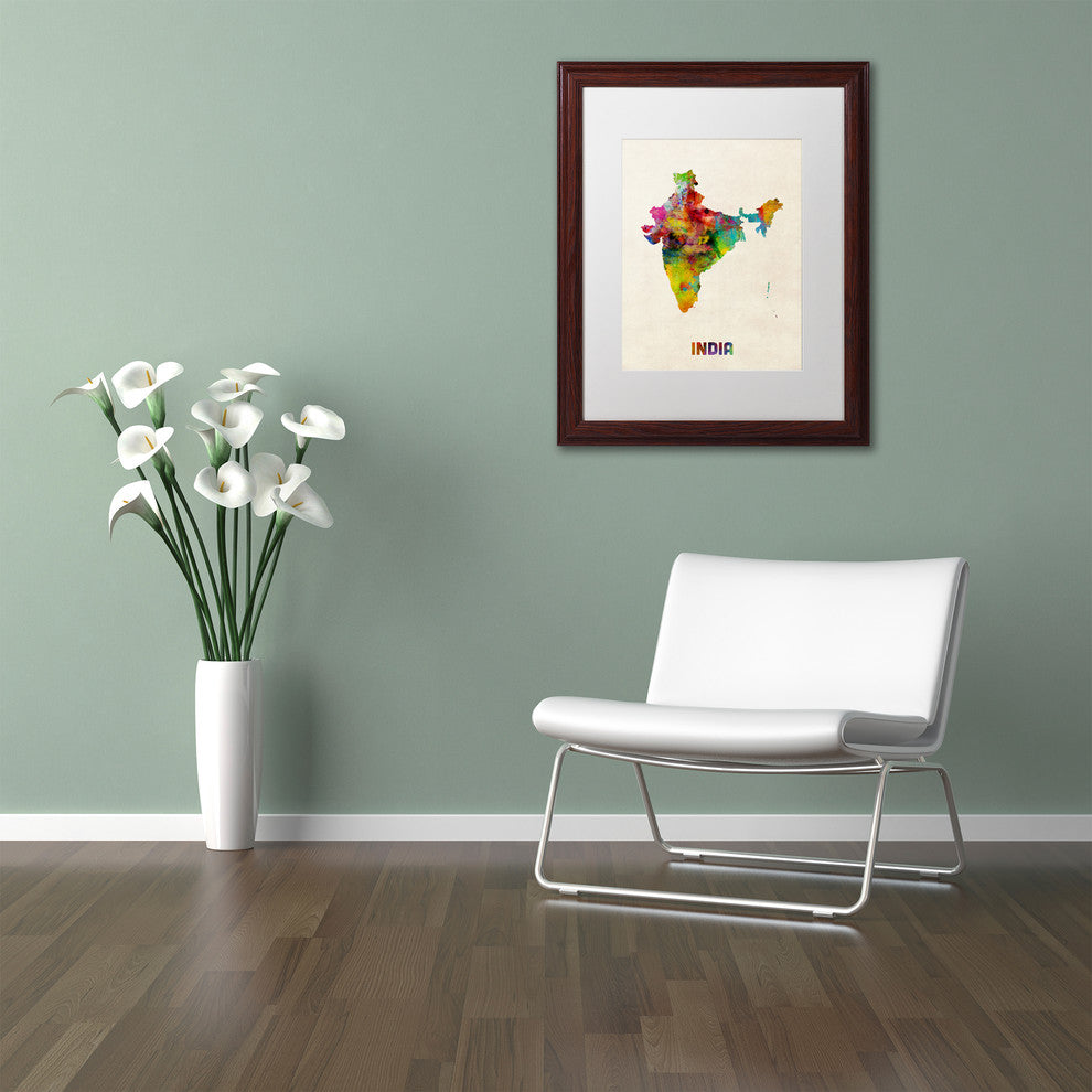 "India Watercolor Map" Matted Framed Canvas Art by Michael Tompsett