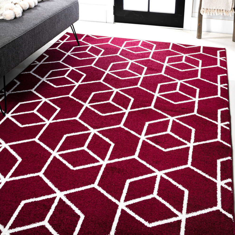 Tumbling Blocks Modern Geometric Red/White 8'x10' Area Rug