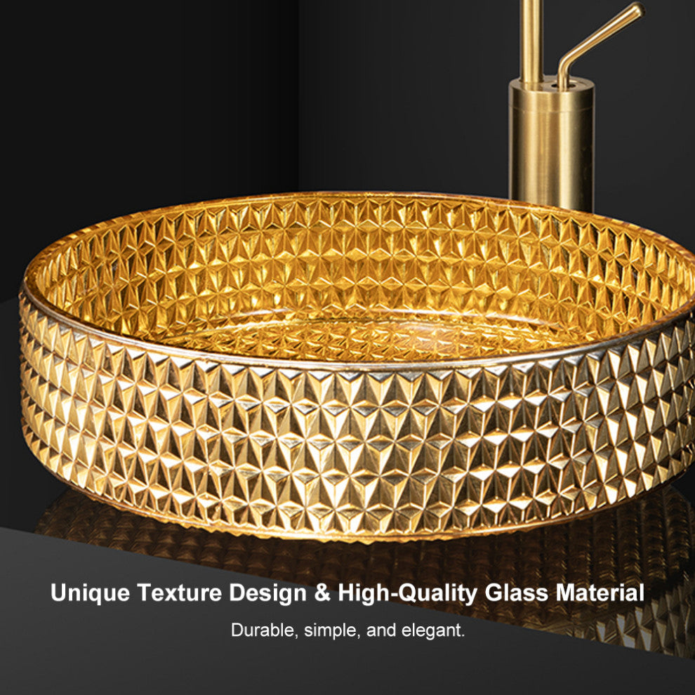 Vessel Transparent Diamond Shaped Crystal Glass Bathroom Wash Sink, Gold