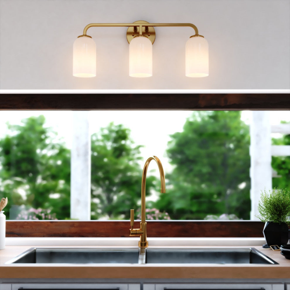 Shelby 3-Light Gold Brass Transitional Bathroom Vanity Fixture White Glass