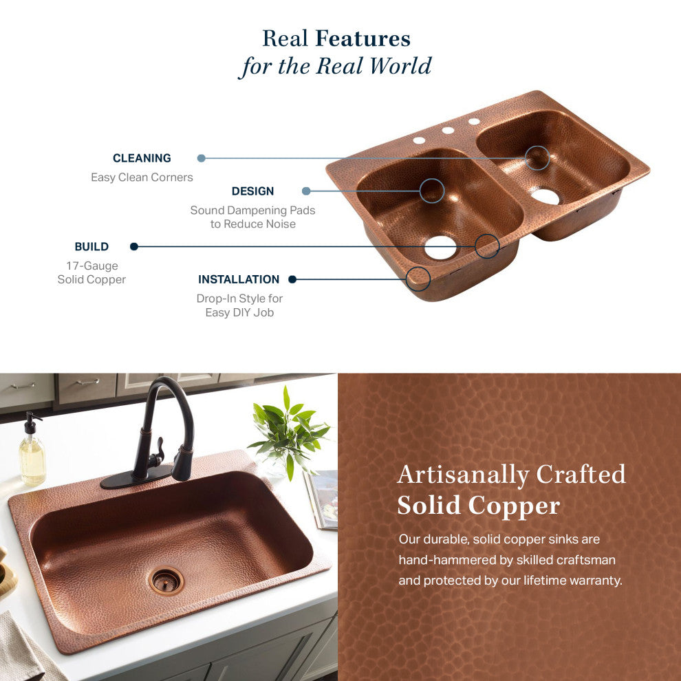 Angelico Copper 33" Double Bowl Drop-In Kitchen Sink With 3 Hole