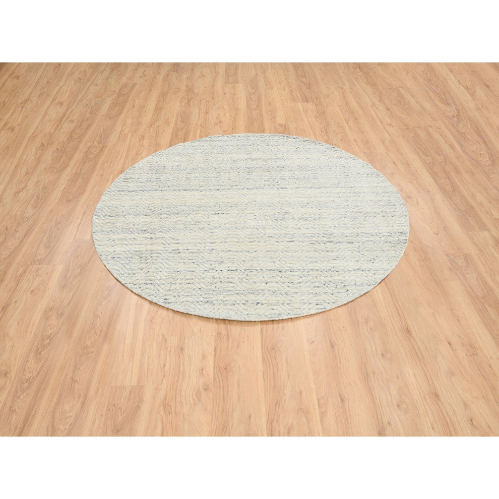 Beige, Soft Wool Hand Loomed, Variegated Modern Design, Round Rug, 6'0"x6'0"