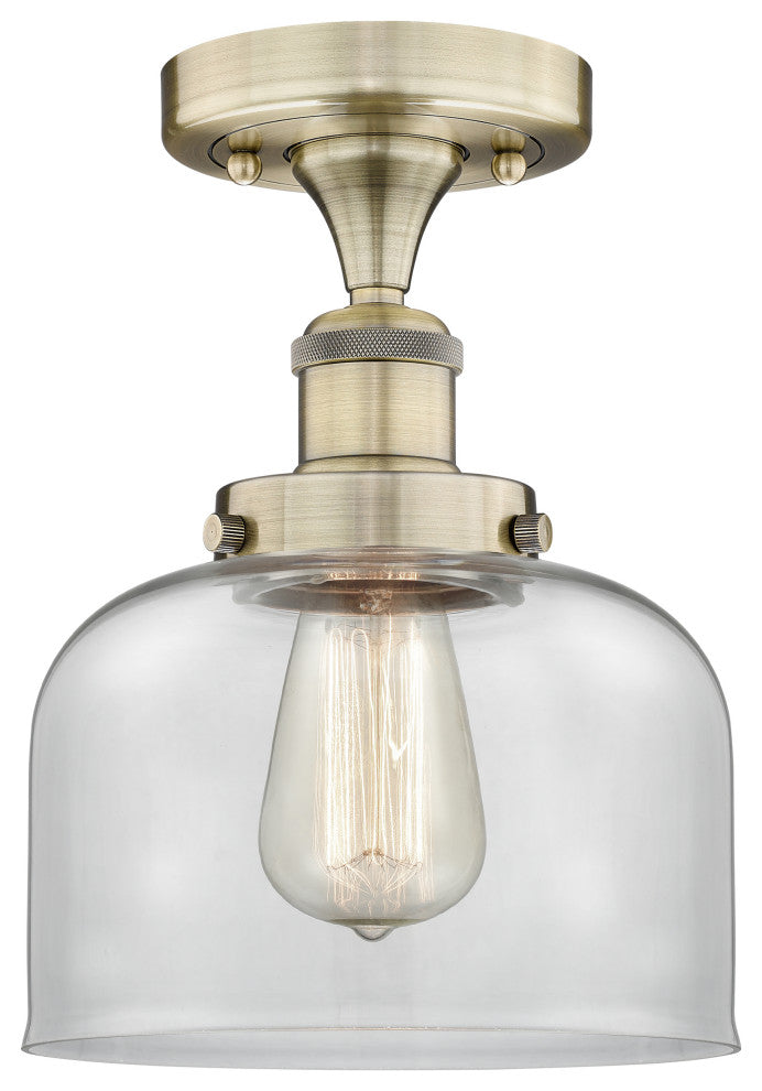 Bell-1 Light 8" Semi-Flush Mount-Antique Brass, Clear Glass Shade