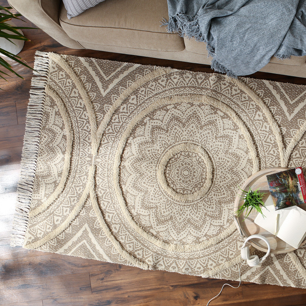 Stone Printed Natural Hand-Loomed Shag Rug 4x6 ft.