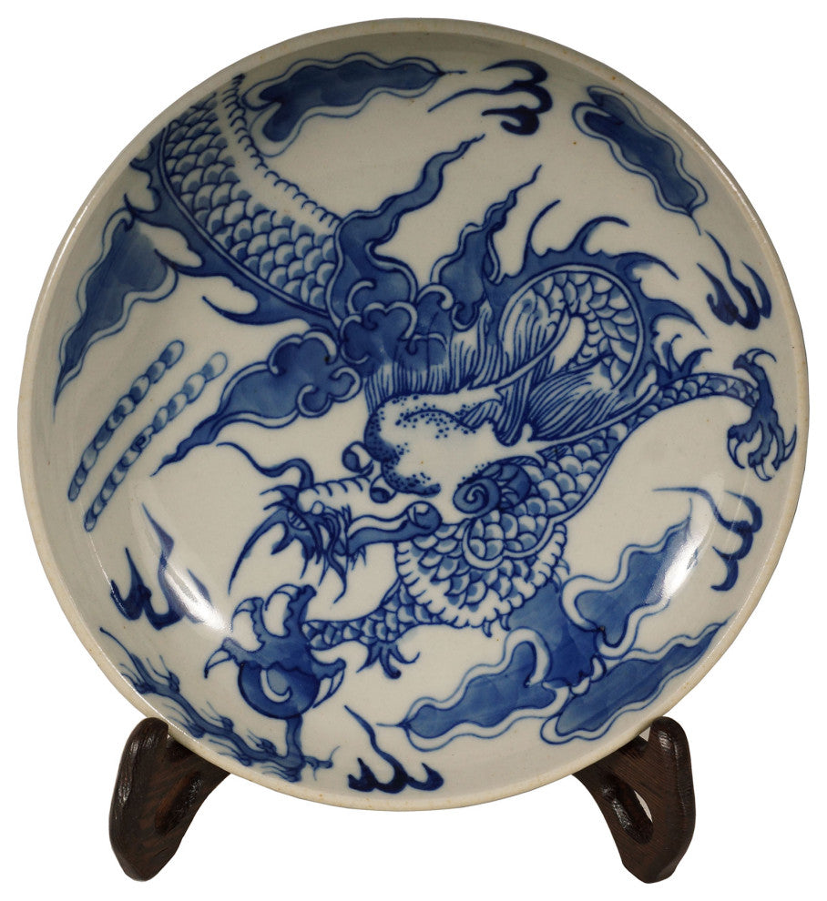 Consigned Vintage Chinese Blue and White Porcelain Dragon Plate