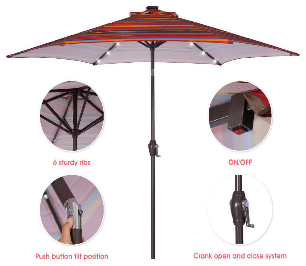 9' Outdoor Patio Steel Market Umbrella With 24 LED Lights, Red Striped