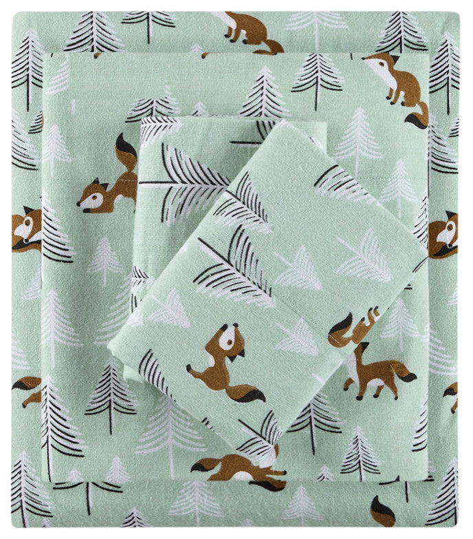 Intelligent Design Cozy Soft Cotton Flannel Printed Sheet Set, Seafoam Foxes