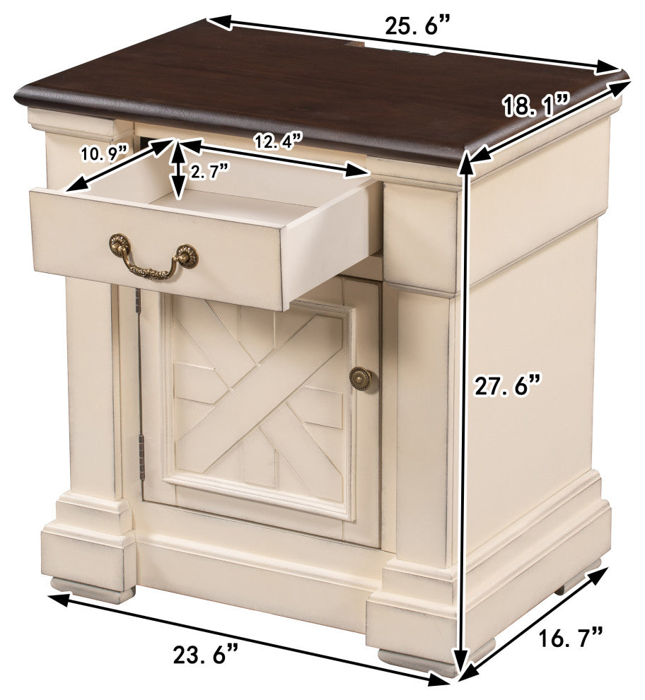 1 Drawer Wood Nightstand with USB Ports, Antique White
