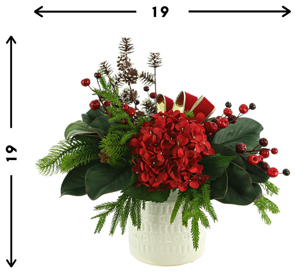 Hydrangea Holiday Arrangement with Pine, Berries and Bows in a Ceramic Pot
