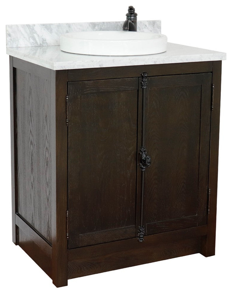 30" Single Vanity, Brown Ash, White Carrara Top, Round Sink