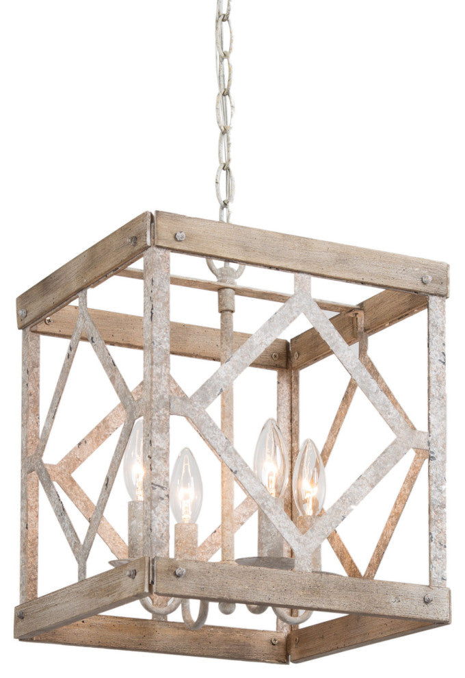 LALUZ 4-Lights Antique White Wood Farmhouse Square Chandelier