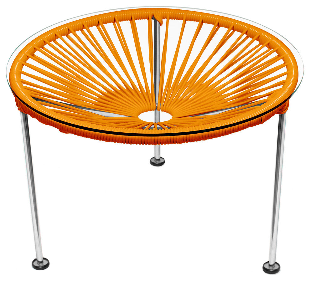 Zicatela Indoor/Outdoor Handmade Side Table, Orange Weave, Chrome Frame