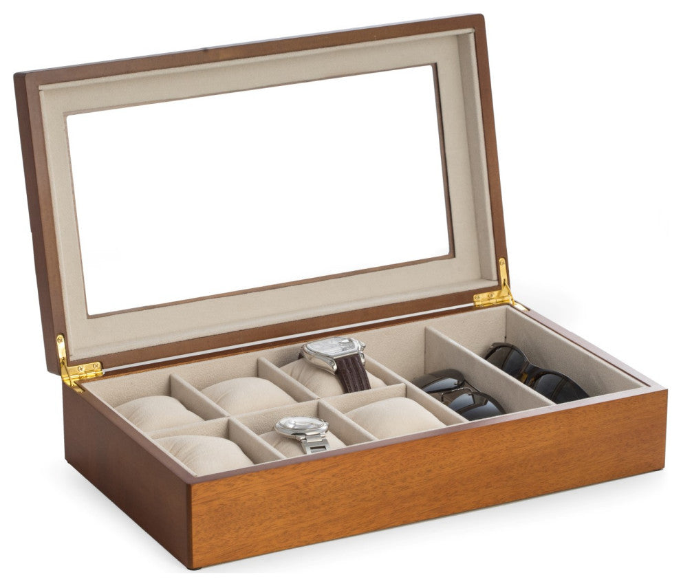 Cherry Wood 6 Watch and 2 Sunglass Storage Box