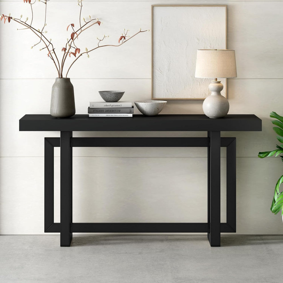 Modern Pine Console Table With Concrete-Style Top & Sleek Angular Base, Black