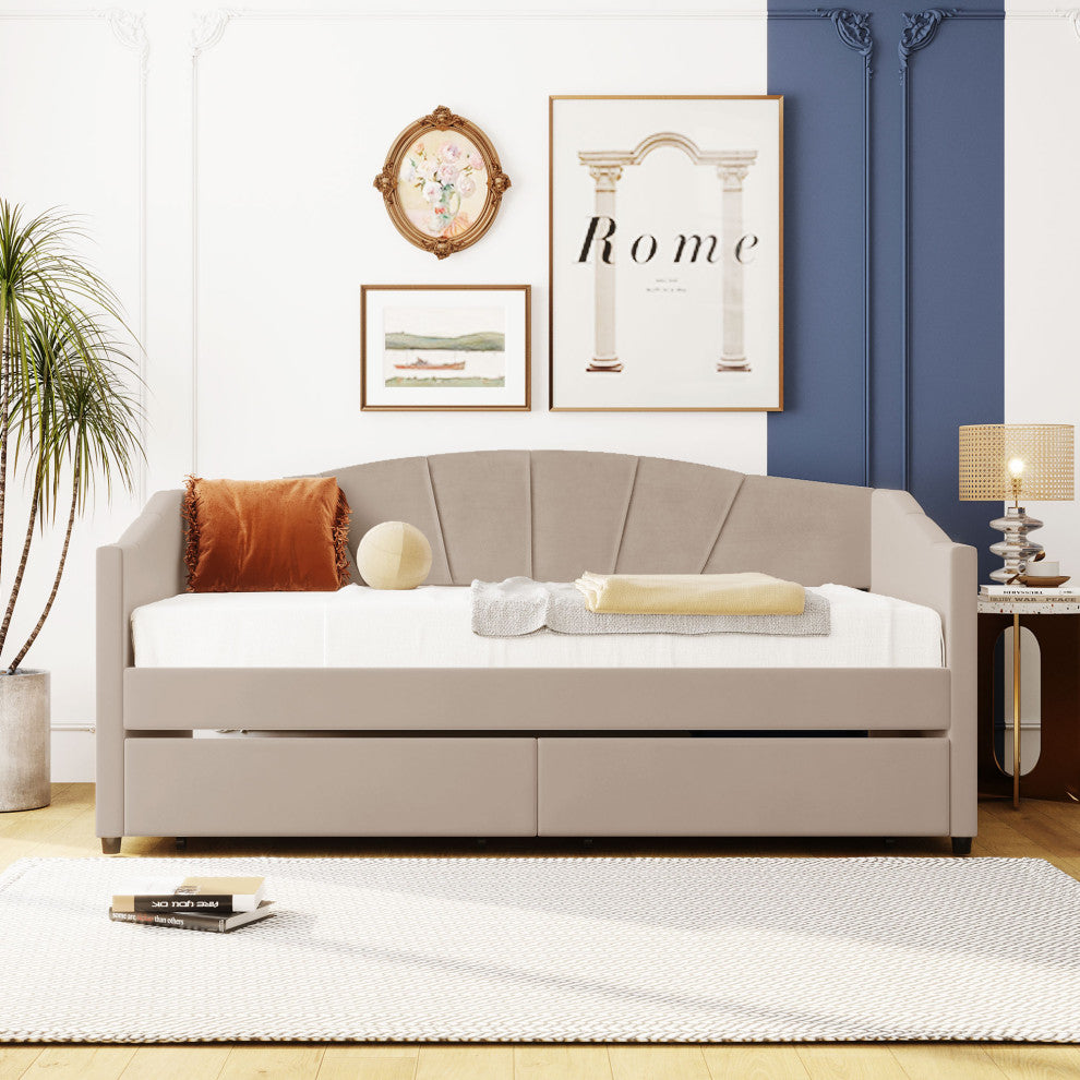 Gewnee Upholstered Twin Size Daybed with Two Drawers in Beige
