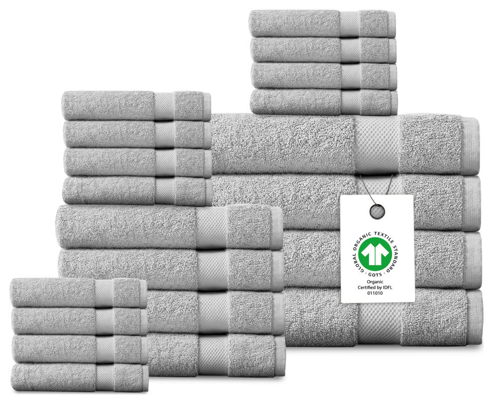Delara 20-Piece Solid 100% Organic Cotton Plush Bath Towel Set 30"x58", Light Grey