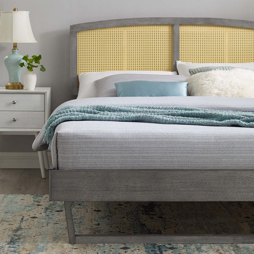 Platform Bed Frame, Full Size, Wood, Gray, Modern Mid-Century, Bedroom
