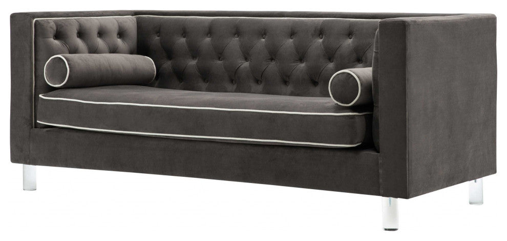 Brown Contemporary PolYester Velvet Fabric Upholstered Button Tufted Tuxedo Sofa