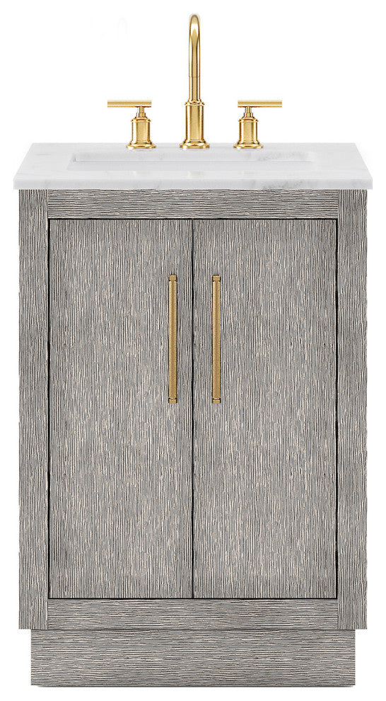 Hugo Carrara White Marble Countertop Vanity in Gray Oak, Satin Gold Hardware, 24", Vanity With Gooseneck Faucet