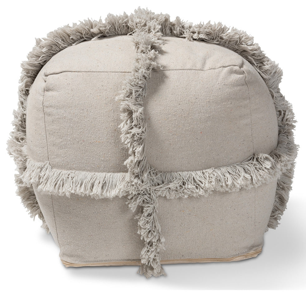 Beautiful Moroccan Inspired Grey Handwoven Cotton Fringe Pouf Ottoman