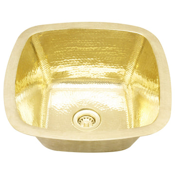 15" Contoured Square Hammered Brass Bar Sink, Shiny Brass