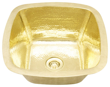 15" Contoured Square Hammered Brass Bar Sink, Shiny Brass