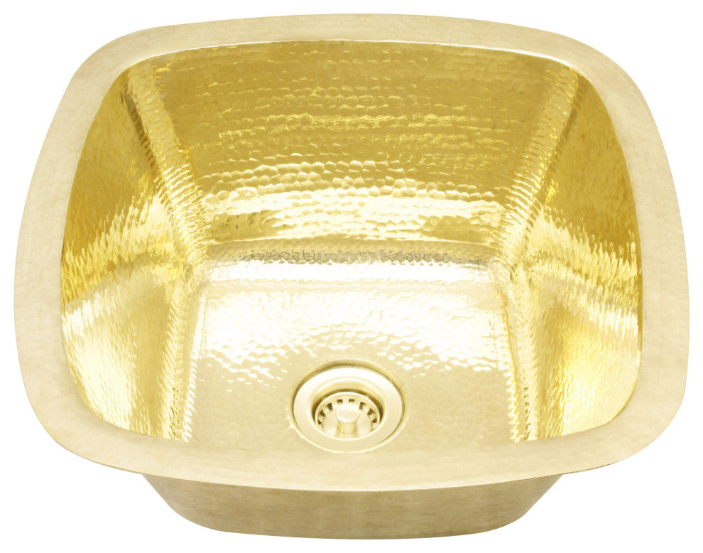 15" Contoured Square Hammered Brass Bar Sink, Shiny Brass