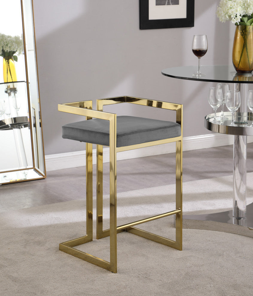 Ezra Counter Stool, Set of 2, Gray Velvet, Gold Base