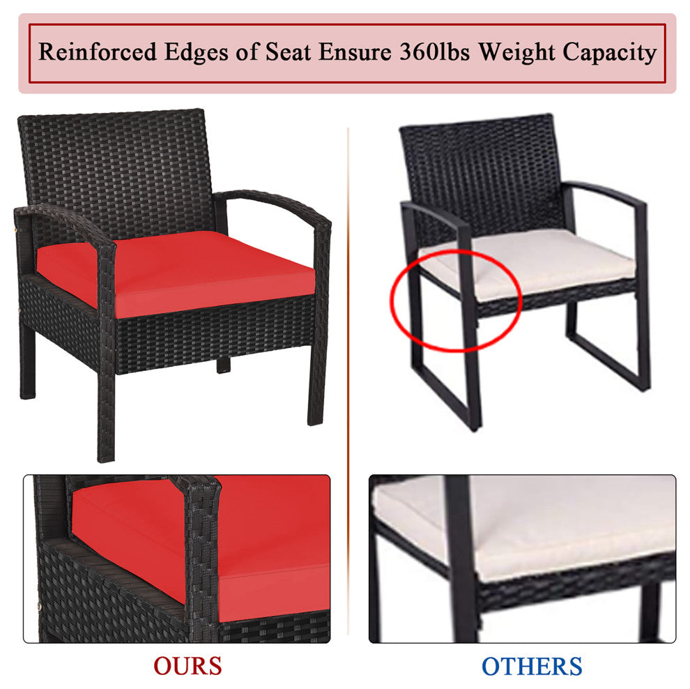 Costway 3PCS Patio Rattan Furniture Set Storage Table Cushioned Sofa Deck Red