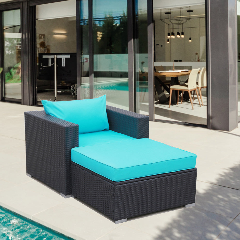 2 Pieces Outdoor Rattan Wicker Patio Sectional With Cushions and Ottoman