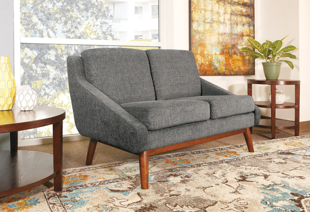 Mid-Century Loveseat, Charcoal Fabric With Coffee Finish Legs