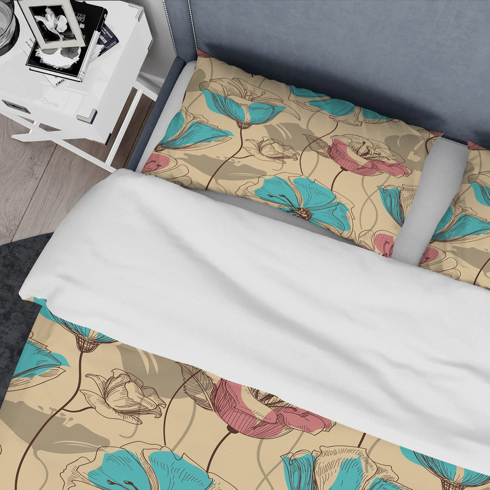 Retro Drawing Flowers in Pink and Blue Floral Duvet Cover, Twin