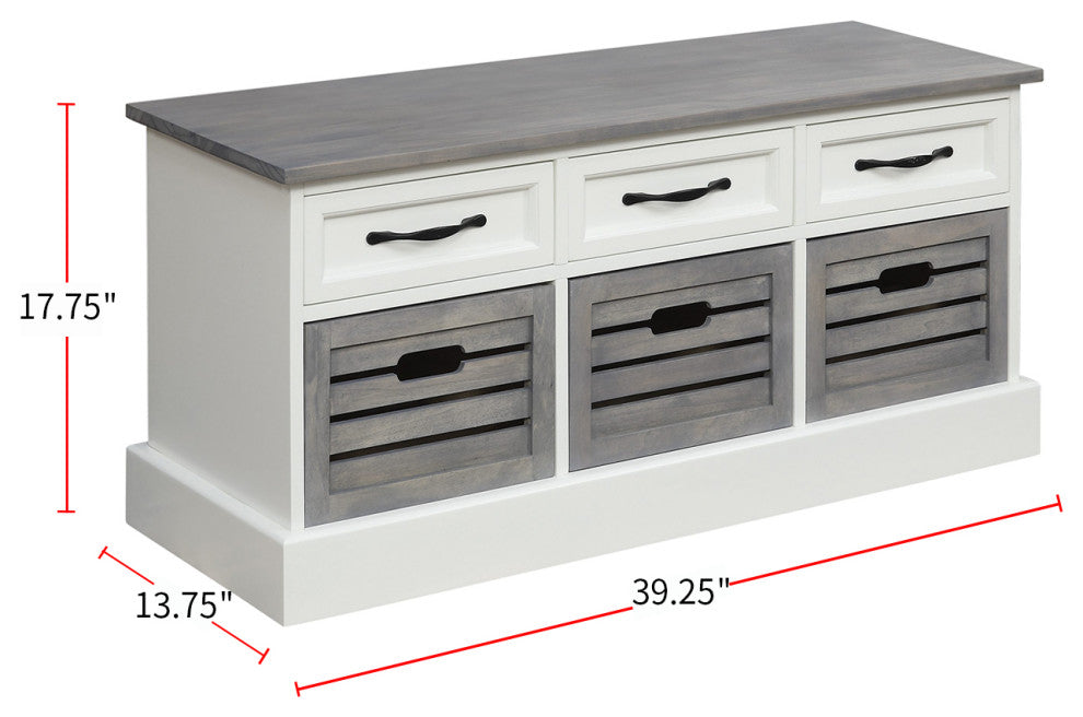 Wood Storage Bench, White and Weathered Gray