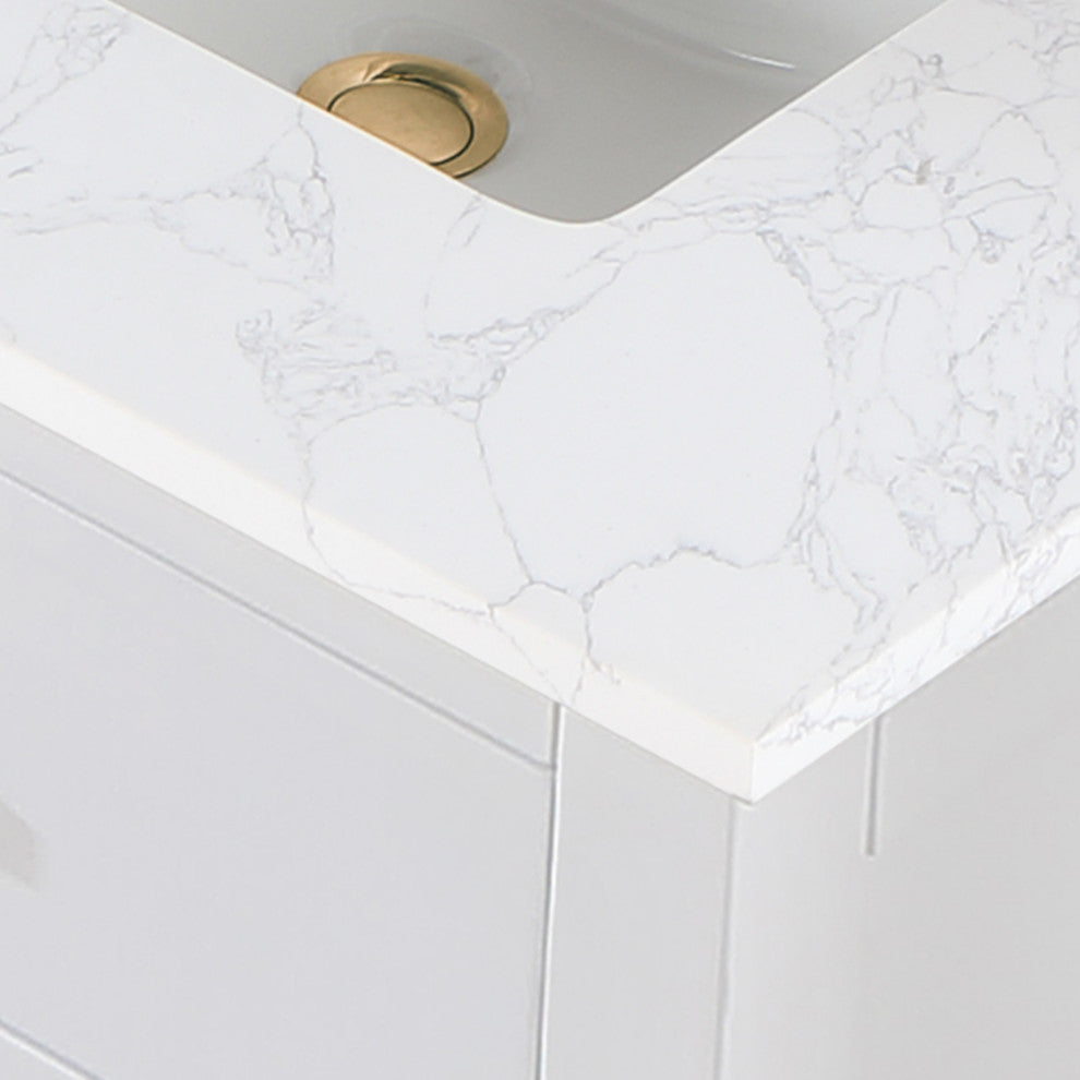 Gavino Vanity With Grain White Composite Stone Top, White/Brushed Gold, 72", No Mirror