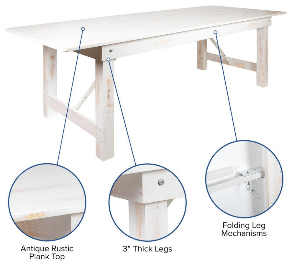 HERCULES Series 7' x 40" Rectangular Solid Pine Folding Farm Table, Antique Rustic White