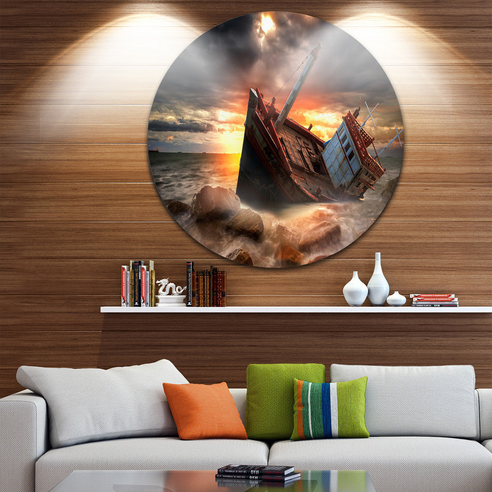 Fishing Boat Beached, Landscape Photography Round Metal Wall Art, 11"