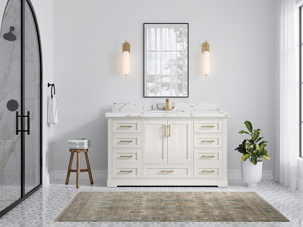 Boston 60" Single Bathroom Vanity in Alabaster 2" Viola Brown