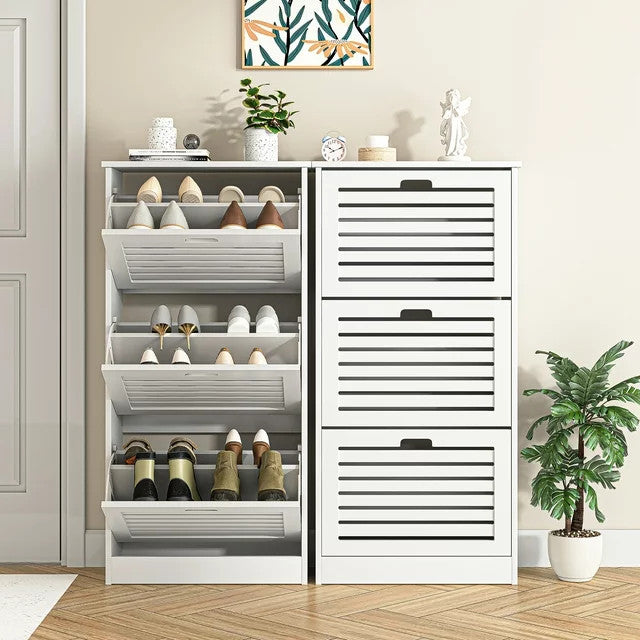 TATEUS Narrow Shoe Storage Cabinet Organizer with 3 Flip Drawers,White