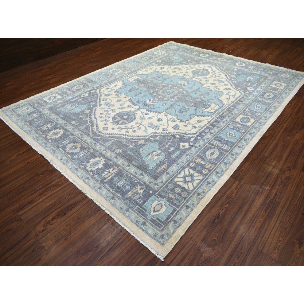 Ivory Hand Knotted Heriz Serapi Fine Peshawar Pure Wool Oriental Rug, 9'1"x11'9"