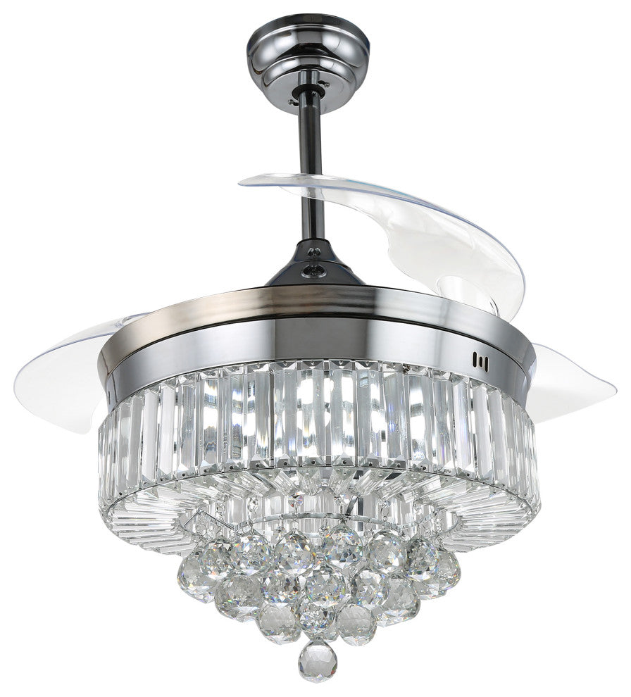 Unique Caged Ceiling Fan with Remote, LED light, Retractable Blades, Chrome